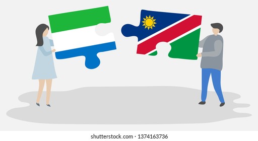 Couple holding two puzzles pieces with Sierra Leonean and Namibian flags. Sierra Leone and Namibia national symbols together.