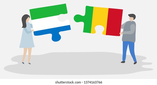 Couple holding two puzzles pieces with Sierra Leonean and Malian flags. Sierra Leone and Mali national symbols together.