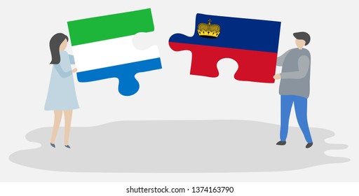 Couple holding two puzzles pieces with Sierra Leonean and Liechtenstein flags. Sierra Leone and Liechtenstein national symbols together.