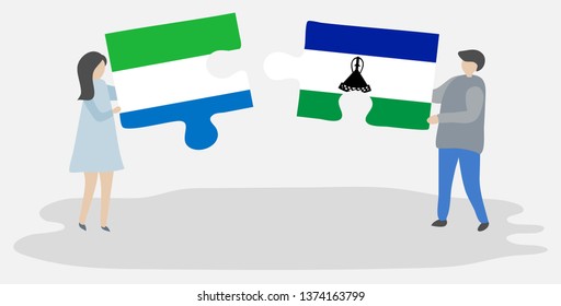 Couple holding two puzzles pieces with Sierra Leonean and Basotho flags. Sierra Leone and Lesotho national symbols together.