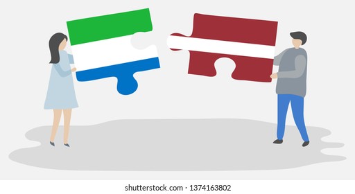 Couple holding two puzzles pieces with Sierra Leonean and Latvian flags. Sierra Leone and Latvia national symbols together.