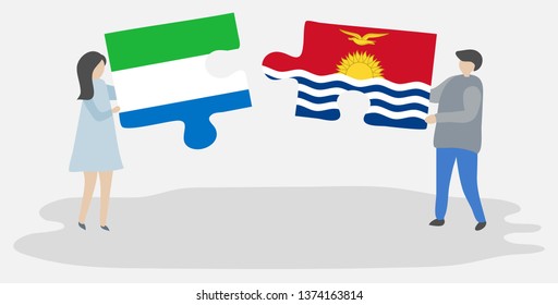 Couple holding two puzzles pieces with Sierra Leonean and I-Kiribati flags. Sierra Leone and Kiribati national symbols together.