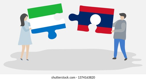 Couple holding two puzzles pieces with Sierra Leonean and Lao flags. Sierra Leone and Laos national symbols together.