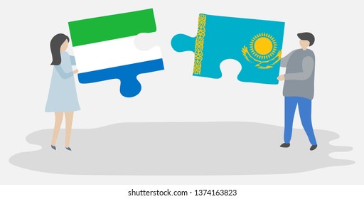 Couple holding two puzzles pieces with Sierra Leonean and Kazakh flags. Sierra Leone and Kazakhstan national symbols together.