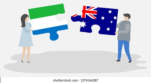 Couple holding two puzzles pieces with Sierra Leonean and Australian flags. Sierra Leone and Australia national symbols together.