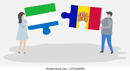 Couple holding two puzzles pieces with Sierra Leonean and Andorran flags. Sierra Leone and Andorra national symbols together.