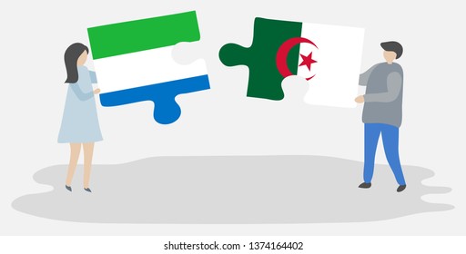 Couple holding two puzzles pieces with Sierra Leonean and Algerian flags. Sierra Leone and Algeria national symbols together.