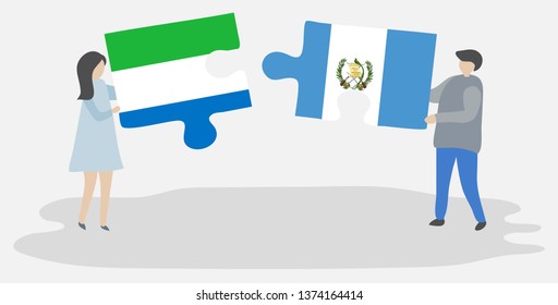 Couple holding two puzzles pieces with Sierra Leonean and Guatemalan flags. Sierra Leone and Guatemala national symbols together.