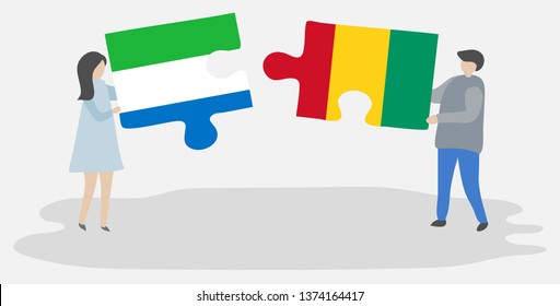 Couple holding two puzzles pieces with Sierra Leonean and Guinean flags. Sierra Leone and Guinea national symbols together.