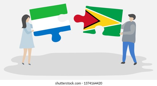 Couple holding two puzzles pieces with Sierra Leonean and Guyanese flags. Sierra Leone and Guyana national symbols together.