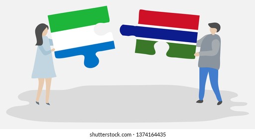 Couple holding two puzzles pieces with Sierra Leonean and Gambian flags. Sierra Leone and Gambia national symbols together.