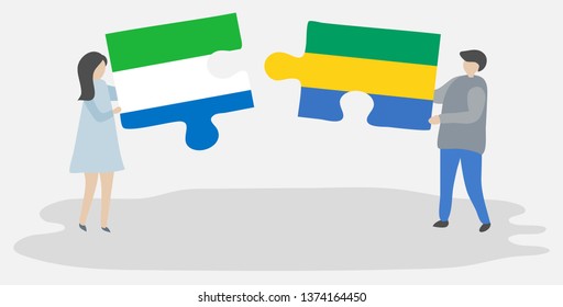 Couple holding two puzzles pieces with Sierra Leonean and Gabonese flags. Sierra Leone and Gabon national symbols together.
