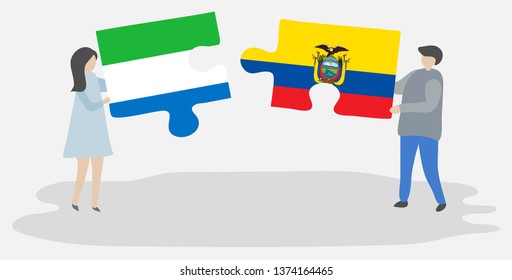 Couple holding two puzzles pieces with Sierra Leonean and Ecuadorian flags. Sierra Leone and Ecuador national symbols together.