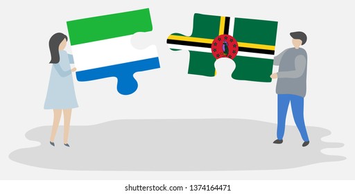 Couple holding two puzzles pieces with Sierra Leonean and Dominican flags. Sierra Leone and Dominica national symbols together.