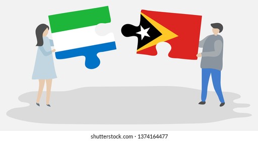 Couple holding two puzzles pieces with Sierra Leonean and Timorese flags. Sierra Leone and East Timor national symbols together.