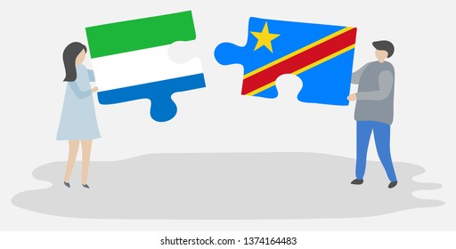 Couple holding two puzzles pieces with Sierra Leonean and Congolese flags. Sierra Leone and Democratic Republic of the Congo national symbols together.