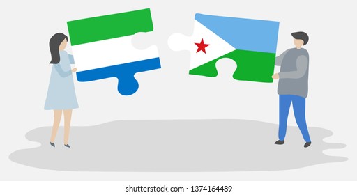 Couple holding two puzzles pieces with Sierra Leonean and Djiboutian flags. Sierra Leone and Djibouti national symbols together.