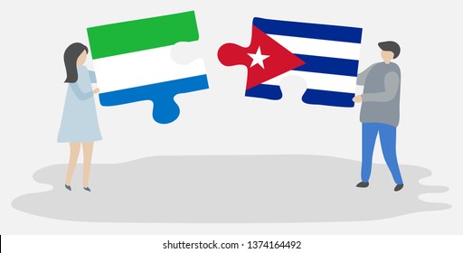 Couple holding two puzzles pieces with Sierra Leonean and Cuban flags. Sierra Leone and Cuba national symbols together.