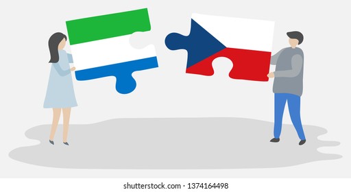 Couple holding two puzzles pieces with Sierra Leonean and Czech flags. Sierra Leone and Czech Republic national symbols together.