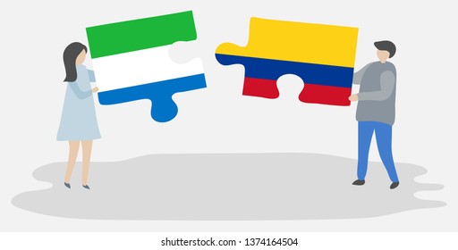 Couple holding two puzzles pieces with Sierra Leonean and Colombian flags. Sierra Leone and Colombia national symbols together.