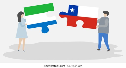 Couple holding two puzzles pieces with Sierra Leonean and Chilean flags. Sierra Leone and Chile national symbols together.