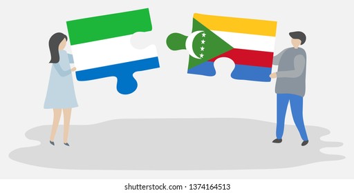 Couple holding two puzzles pieces with Sierra Leonean and Comoran flags. Sierra Leone and Comoros national symbols together.