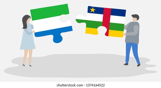 Couple holding two puzzles pieces with Sierra Leonean and Central African flags. Sierra Leone and Central African Republic national symbols together.