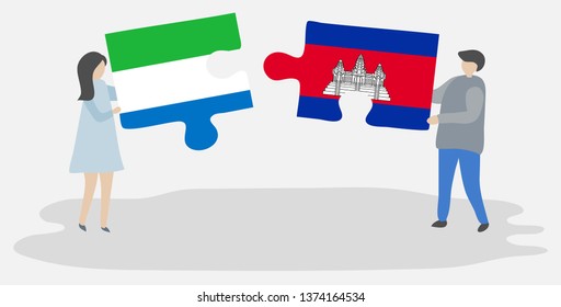 Couple holding two puzzles pieces with Sierra Leonean and Cambodian flags. Sierra Leone and Cambodia national symbols together.