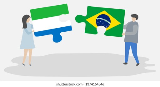 Couple holding two puzzles pieces with Sierra Leonean and Brazilian flags. Sierra Leone and Brazil national symbols together.