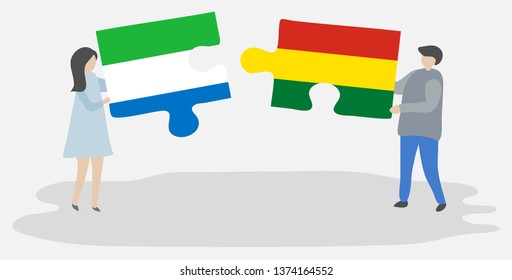 Couple holding two puzzles pieces with Sierra Leonean and Bolivian flags. Sierra Leone and Bolivia national symbols together.