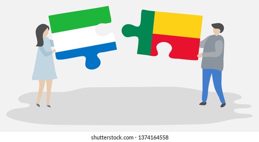 Couple holding two puzzles pieces with Sierra Leonean and Beninese flags. Sierra Leone and Benin national symbols together.