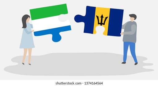 Couple holding two puzzles pieces with Sierra Leonean and Barbadian flags. Sierra Leone and Barbados national symbols together.