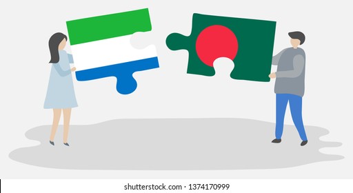 Couple holding two puzzles pieces with Sierra Leonean and Bangladeshi flags. Sierra Leone and Bangladesh national symbols together.