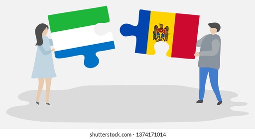 Couple holding two puzzles pieces with Sierra Leonean and Moldovan flags. Sierra Leone and Moldova national symbols together.