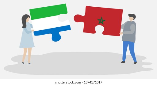 Couple holding two puzzles pieces with Sierra Leonean and Moroccan flags. Sierra Leone and Morocco national symbols together.