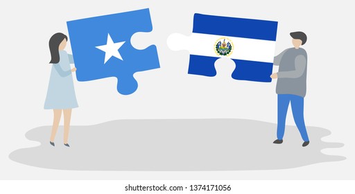 Couple holding two puzzles pieces with Somali and Salvadoran flags. Somalia and El Salvador national symbols together.