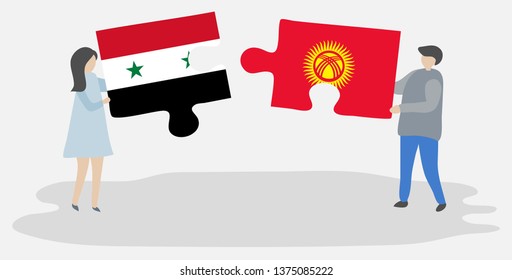 Couple holding two puzzles pieces with Syrian and Kirgiz flags. Syria and Kyrgyzstan national symbols together.