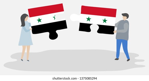 Couple holding two puzzles pieces with Syrian and Syrian flags. Syria and Syria national symbols together.