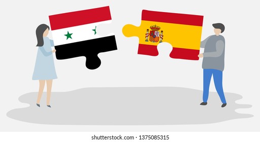 Couple holding two puzzles pieces with Syrian and Spanish flags. Syria and Spain national symbols together.