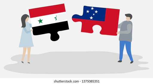 Couple holding two puzzles pieces with Syrian and Samoan flags. Syria and Samoa national symbols together.