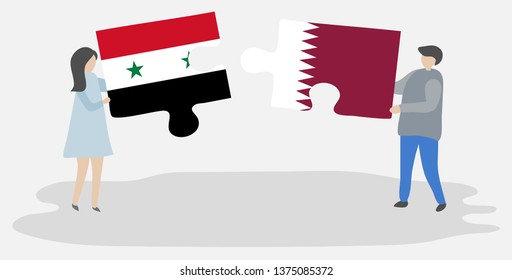 Couple holding two puzzles pieces with Syrian and Qatari flags. Syria and Qatar national symbols together.