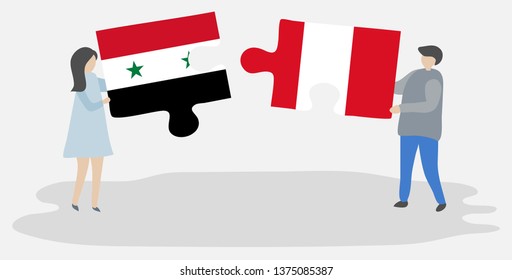 Couple holding two puzzles pieces with Syrian and Peruvian flags. Syria and Peru national symbols together.