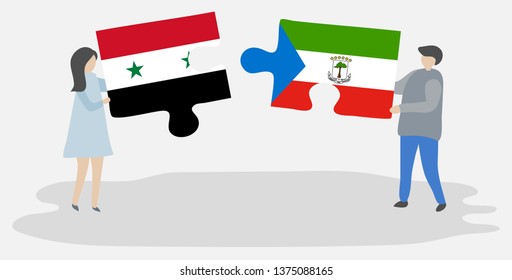 Couple holding two puzzles pieces with Syrian and Equatorial Guinean flags. Syria and Equatorial Guinea national symbols together.