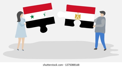 Couple holding two puzzles pieces with Syrian and Egyptian flags. Syria and Egypt national symbols together.
