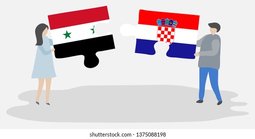 Couple holding two puzzles pieces with Syrian and Croatian flags. Syria and Croatia national symbols together.