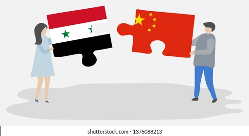 Couple holding two puzzles pieces with Syrian and Chinese flags. Syria and China national symbols together.