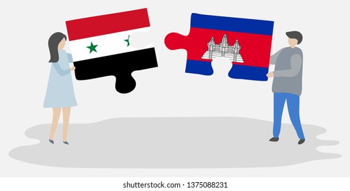 Couple holding two puzzles pieces with Syrian and Cambodian flags. Syria and Cambodia national symbols together.