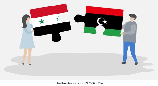 Couple holding two puzzles pieces with Syrian and Libyan flags. Syria and Libya national symbols together.