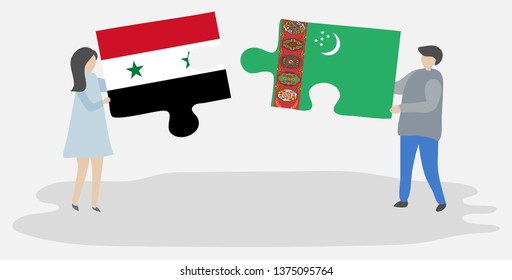 Couple holding two puzzles pieces with Syrian and Turkmen flags. Syria and Turkmenistan national symbols together.