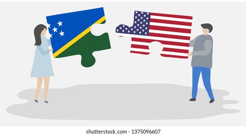 Couple holding two puzzles pieces with Solomon Island and American flags. Solomon Islands and United States of America national symbols together.